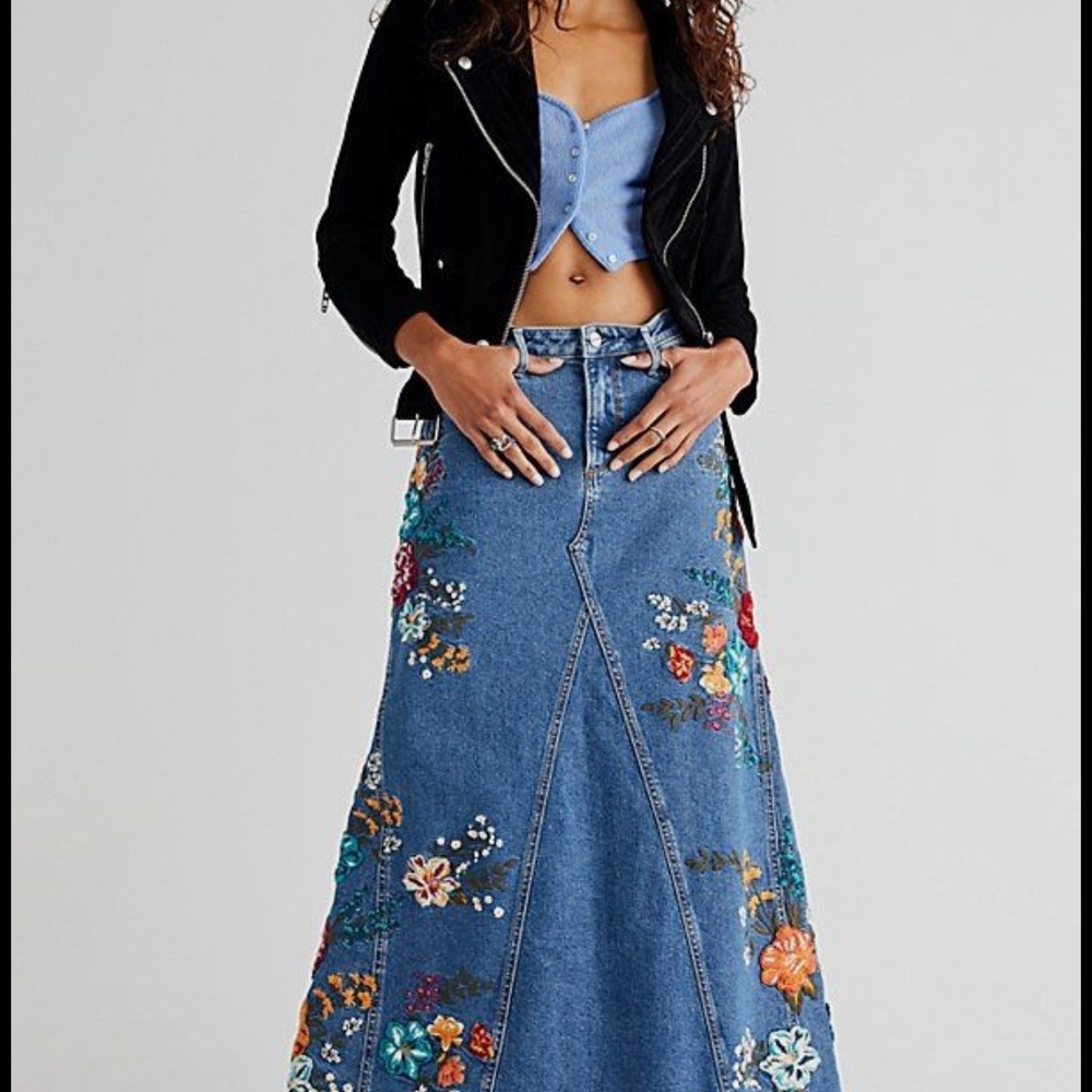 Free People Floral Embroidered Denim Maxi Skirt